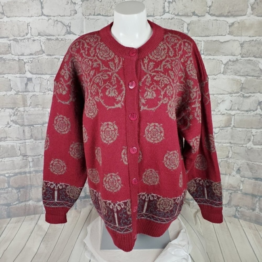 Vintage 80s Oversize Wool Cardigan Burgundy Size Large